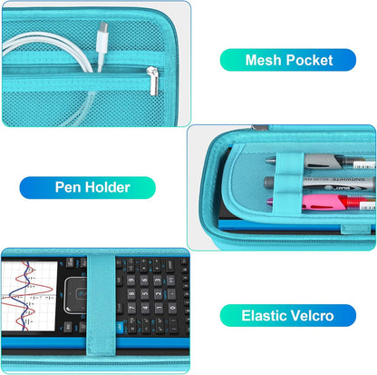 BOVKE Graphing Calculator Carrying Case for Texas Instruments TI-Nspire CX II CAS/CX II/CX/CX CAS Calculator and More - Mesh Pocket for USB Cables and Other School Supplies, Turquoise