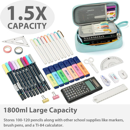 Pencil Case Pouch Box Bag School Supplies Girls Boys Kids, Cute Preppy Stuff Large Big Capacity Aesthetic Pen Organizer, Back to College Stationary, Powder Blue, Classic Stlye, 1800ml