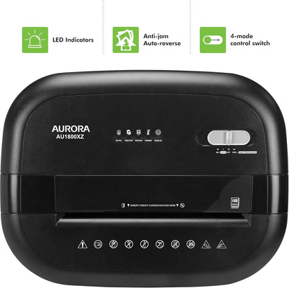 Aurora Long Duty Cycle 18-Sheet Crosscut Paper/CD/Credit Card Shredder, AntiJam Feature, 30-Minute Continuous Run Time, Large 6-gal Pullout Basket