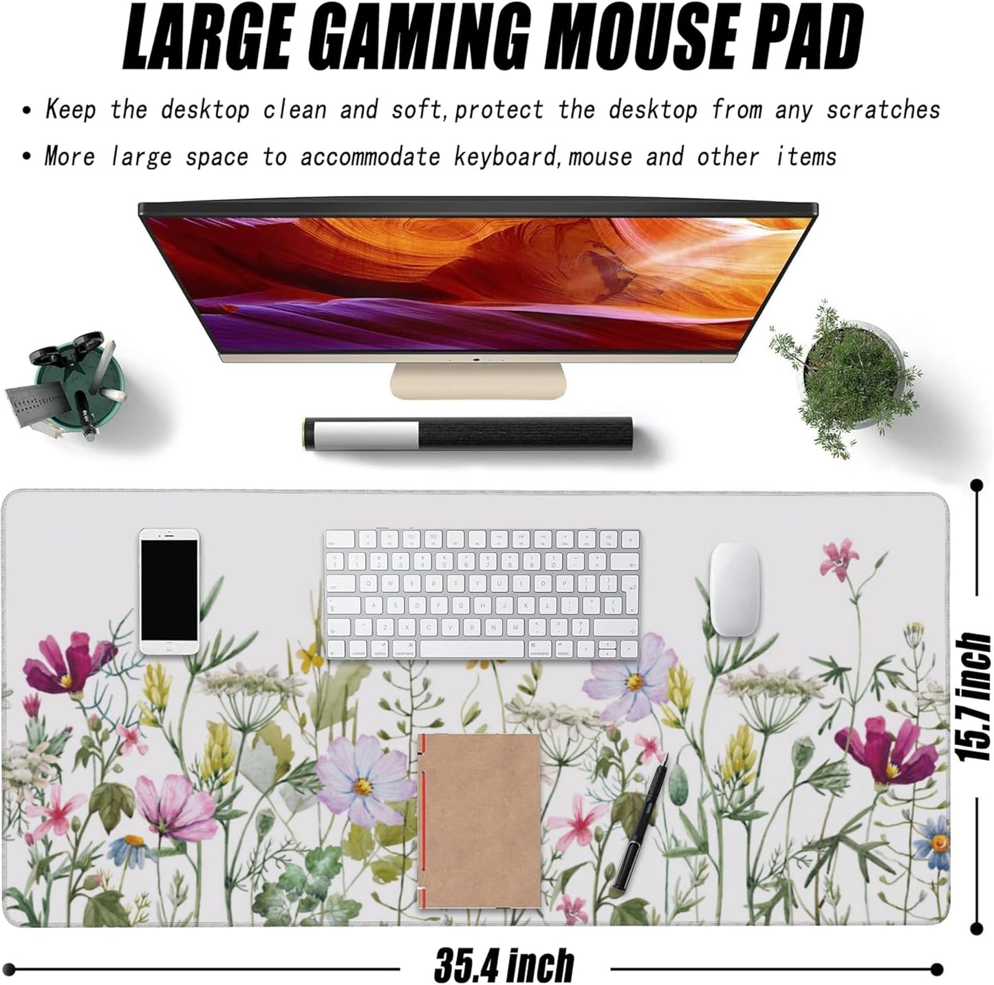 Desk Mat, Vintage Watercolor Flowers Extended Large Gaming Mouse Pad for Desk XXL, Non-Slip Rubber Base Stitched Edges Long Computer Keyboard Desk Pad Mouse Mat for Home Office Gaming 35.4"X15.7"