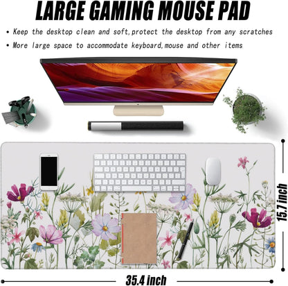 Desk Mat, Vintage Watercolor Flowers Extended Large Gaming Mouse Pad for Desk XXL, Non-Slip Rubber Base Stitched Edges Long Computer Keyboard Desk Pad Mouse Mat for Home Office Gaming 35.4"X15.7"