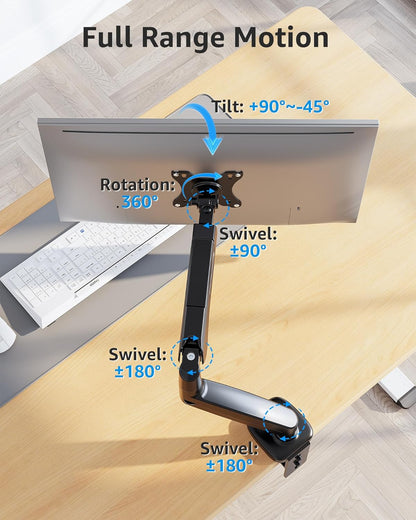 MOUNTUP Single Monitor Desk Mount, Adjustable Gas Spring Monitor Arm Support Max 32 Inch Screen, Computer Monitors Stand with Clamp/Grommet Mounting Base, VESA Mounts Fit 4.4-17.6lbs Computer, Black