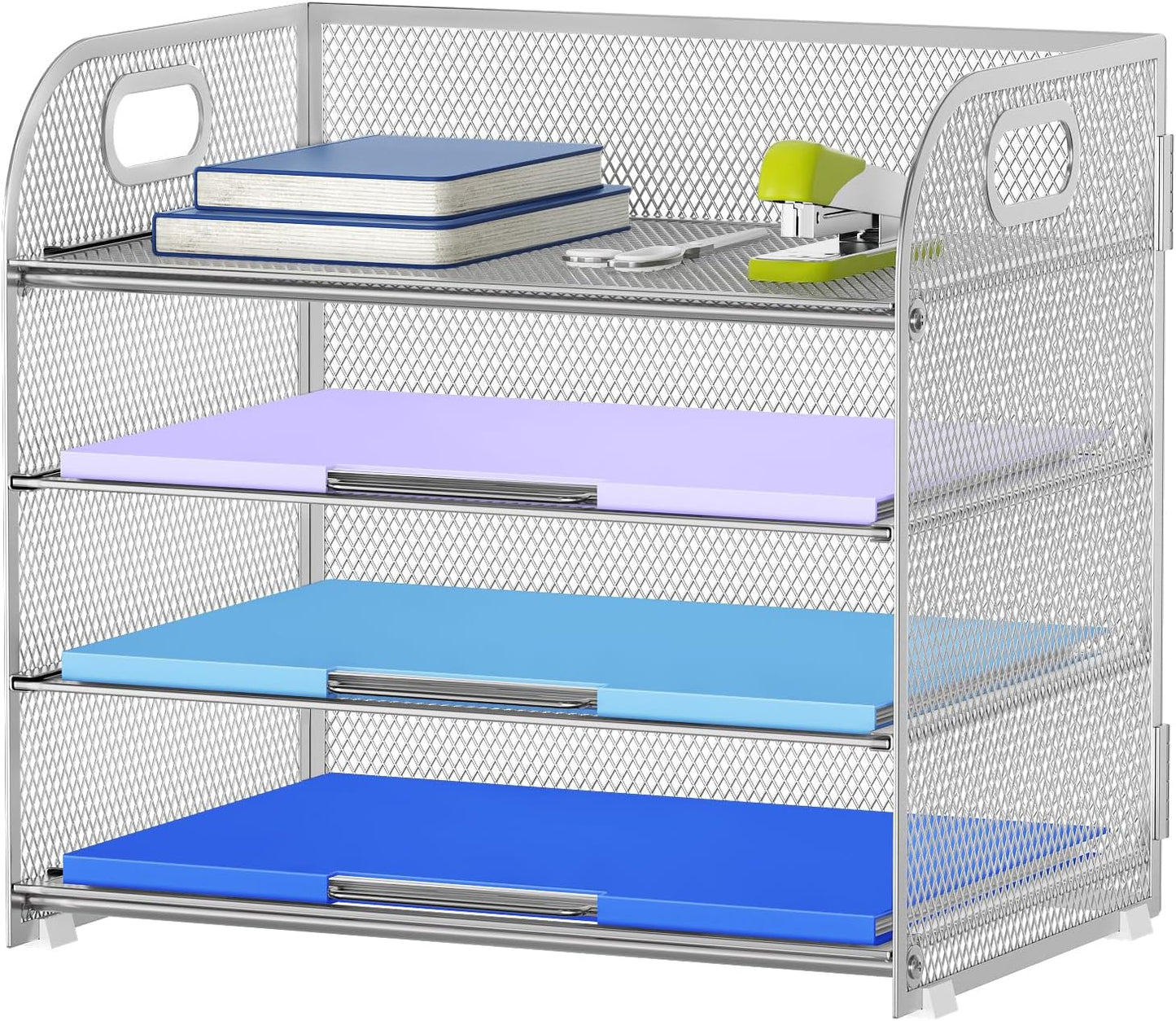 Marbrasse 4 Tier Paper Organizer Letter Tray - Mesh Desk File Organizer with Handle, Paper Sorter Organizer for Letter/A4 Office File Folder Holder (Silver, 12.6" x 9.1" x 10.7")