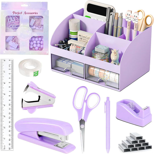 Desk Accessories with Pen Holder, Office Supplies Desk Organizers and Accessories, Tape Dispenser, Stapler, Staple Remover, Staples, Clips Set, Ruler, Scissor, Pen, Tape (Purple)
