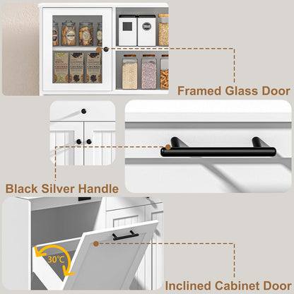 OLD CAPTAIN Tilt Out Trash Cabinet with Deodorising Function, Kitchen Hutch with Microwave Shelf and Drawer, Kitchen Pantry with Trash Cabinet for 10 Gallons, White