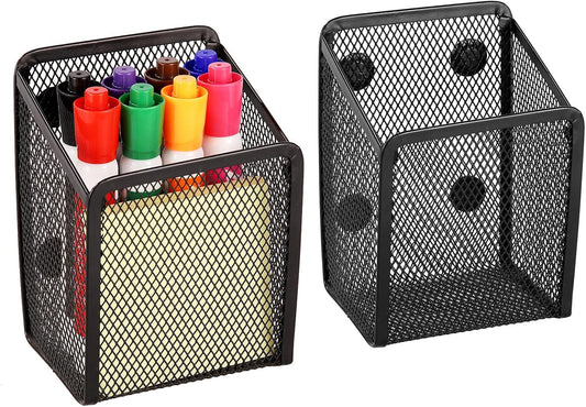 Magnetic Pencil Holder - Extra Strong Magnets Mesh Marker Holder Perfect for Whiteboard, Refrigerator and Locker Accessories (1 Basket, 2 Packs Black)
