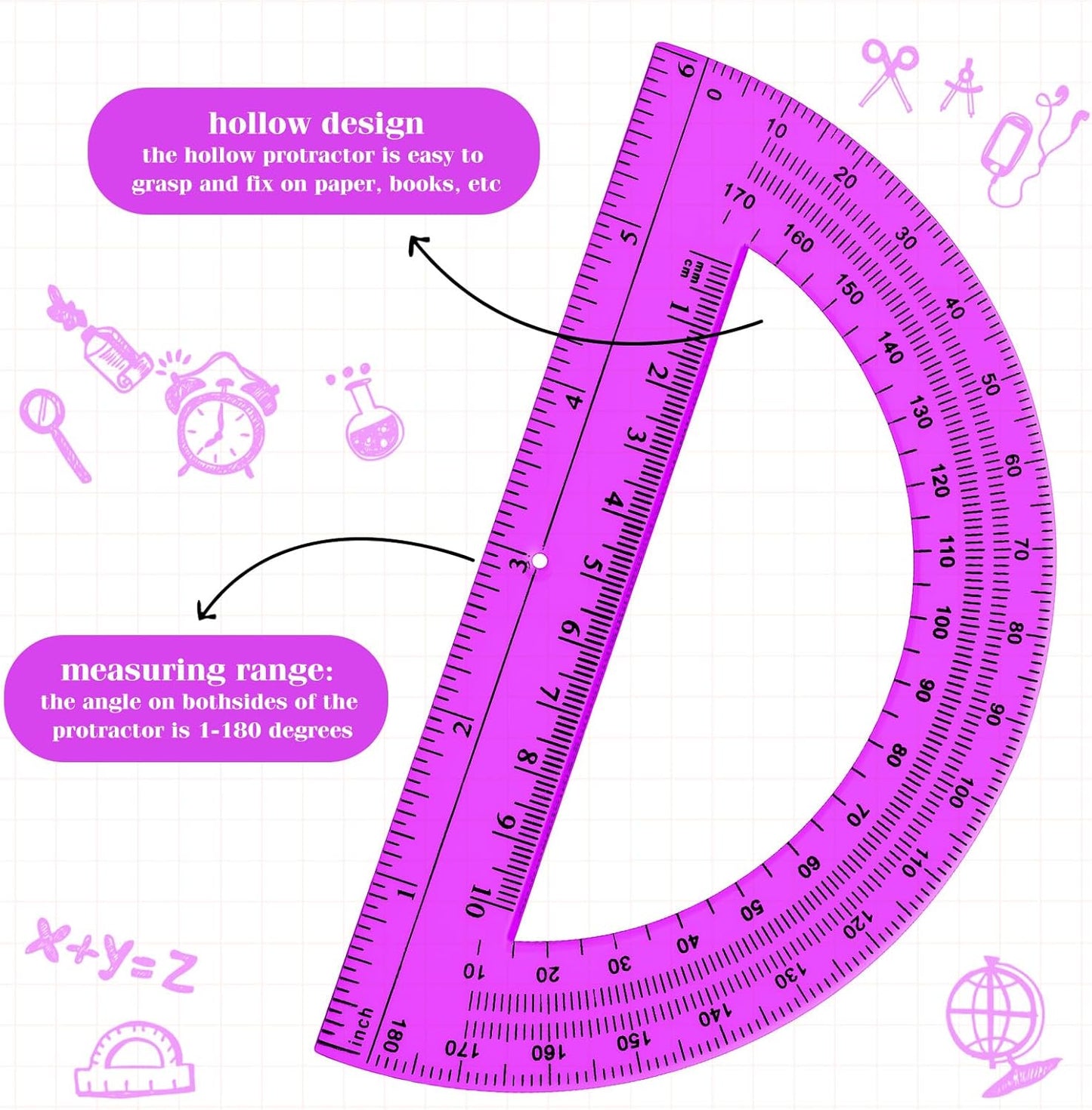 Zonon 2 Pack 12'' Plastic Ruler and 6'' Plastic Protractor Set Clear Ruler Protractor Set Math Geometry Supplies for School Classroom Home Office Drawing(Purple)