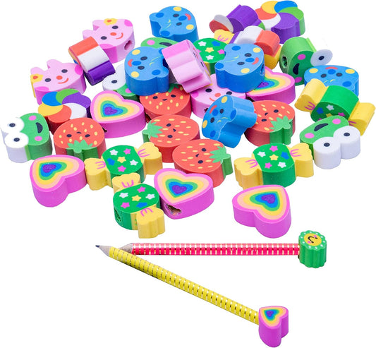 XANADU 35 PCS Pencil Top Erasers, Animal Pencil Erasers Toppers, Cute Heart Cap Erasers for Kids Back to School, Classroom Prize