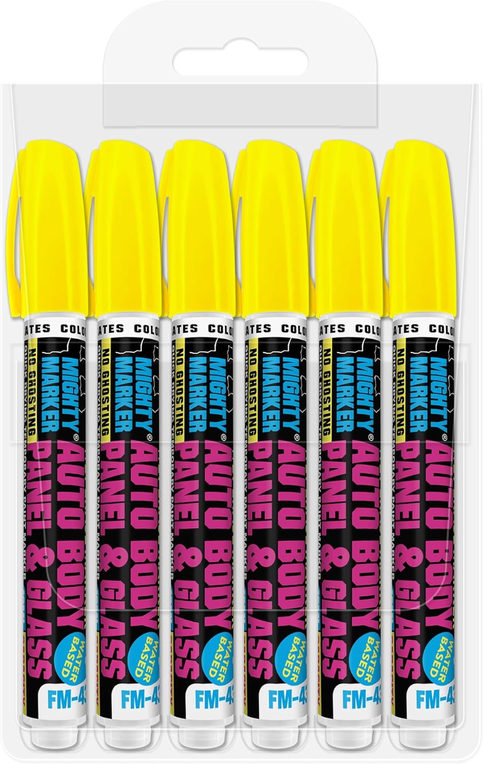 FM-43 Auto Body and Glass Paint Marker, No-Ghost, Highly Water-Resistant, 2.3mm Bullet Tip, Valve Action, 6 Bonus Reversible Tips, Made in USA - Fl. Yellow 6 Pack