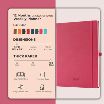 Weekly Monthly 2026 Planner (Jan.26-Dec.26),11.5"x8.5",12 Months Agenda Plan with Month Tabs & Pocket,Expenses/Note Pages, Appointment Book Calendar with Vegan Leather Cover,Rose Red