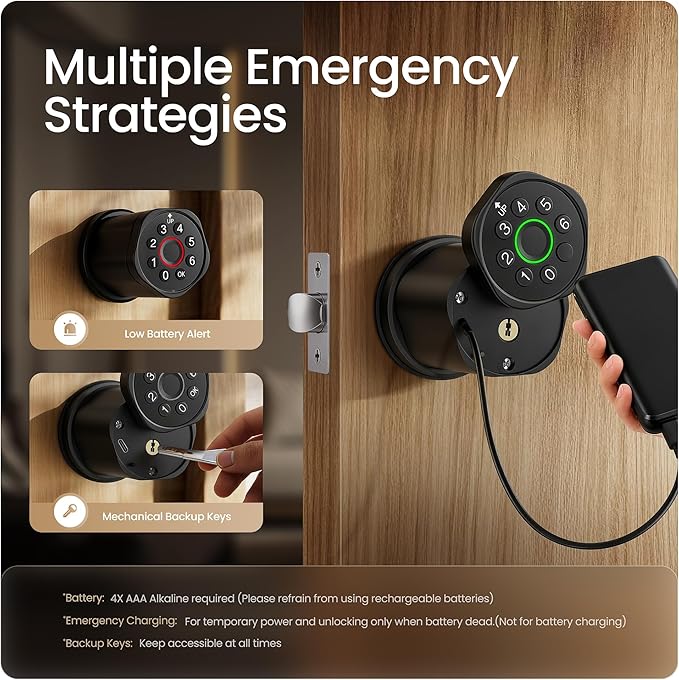 Leydebong 4-in-1 Keyless Entry Door Lock with Fingerprint and Keypad - Smart Door Knob with App Control and Mechanical Key - Easy Installation Electronic Lock for Front Door in Matte Black