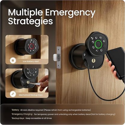 Leydebong 4-in-1 Keyless Entry Door Lock with Fingerprint and Keypad - Smart Door Knob with App Control and Mechanical Key - Easy Installation Electronic Lock for Front Door in Matte Black