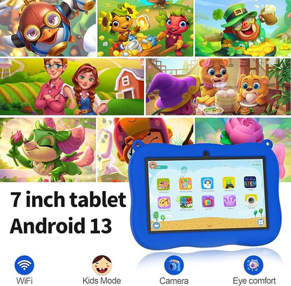 VASOUN 7 inch Kids Tablet with Lanyard, Android 13 with 32GB Toddler Tablet,WiFi, Dual Camera,Time Limits, Age Filters,Parental Controls,Kids Software Pre-Installed with Silicone Case (Blue)