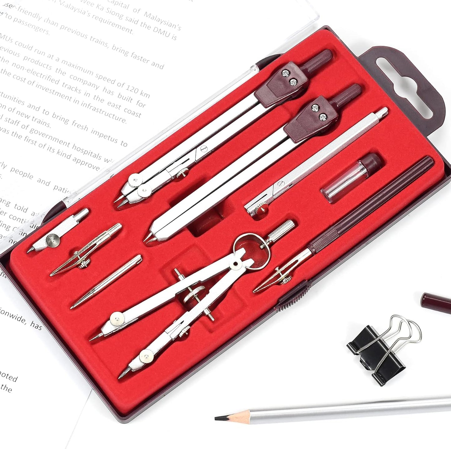 Drawing 9Pc Geometry Set Metal Compass, Geometry Precision Tool for Student, Circle Drawing Tool and Architecture, Drafting Kits for Engineer with Shatterproof Storage Box (Red)