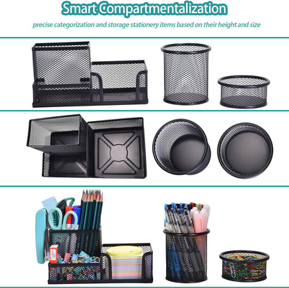 Mesh Desk Organizer, Set of 3 Pen Holder Office Desk Accessories with Pencil Holder Sticky Note Holder, Pencil Cup and Paperclips Cup
