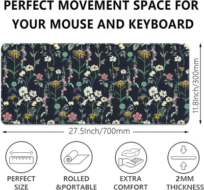 Dark Botanical Flowers Mouse Pad,Extended Black Plant Floral Mousepad Desk Pad with Stitched Edges,Non-Slip Waterproof Rubber Base Mouse Mat for Office Computer Keyboard Laptop Home(27.5x11.8 in)