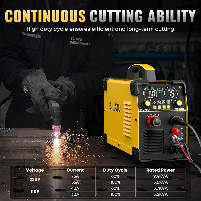 SILATU 75Amps Plasma Cutter, STC750P HF Non-Touch Pilot Arc Plasma Cutter Machine, 110/220V Dual Voltage Large LED Display Air Sensor Technology, 1'' Max Cutting Thickness, PT/2T/4T for Beginners DIY