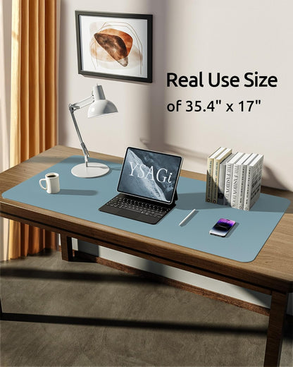 YSAGi Leather Desk Protector, Office Mat, Large Mouse Mat, Non-Slip PU Leather Blotter, Laptop Pad, Waterproof Writing Pad for Office and Home (Ice Blue, 35.4" x 17")