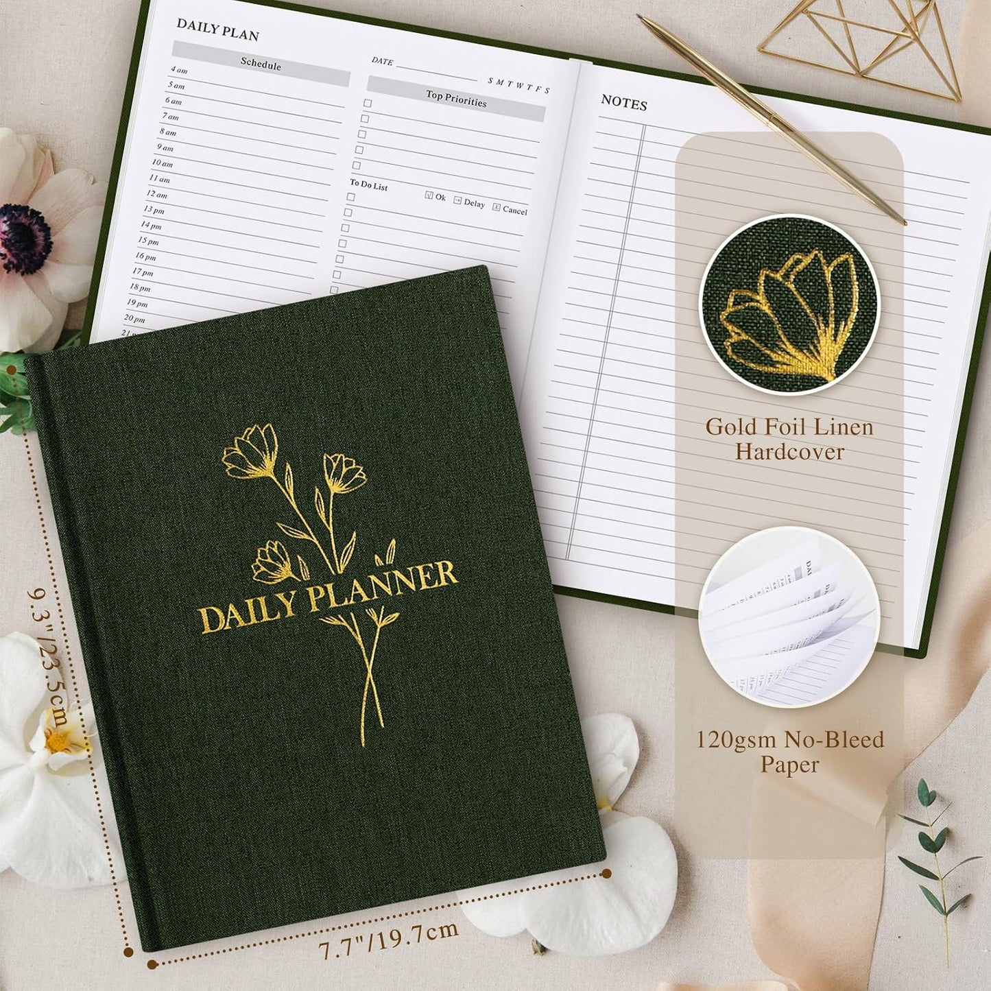 Lanpn Undated Daily Planner Hourly Schedule Notebook, 196 Pages 2 Page per Day To Do List Notebook Notepad Appointment Work Planner, Hardcover Daily Journal Organizer Book For Women 7.7" x 9.3" Green