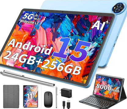 11 Inch Tablet Android 15 Tablet, 2026 Tablets with keyboard, 24GB+256GB+2TB Expand, 2 in 1 Tablets with Case Mouse Stylus, 8000mAh Battery, Octa-Core, Supports Widevine L1, 5G WiFi, GPS (Silver Case)