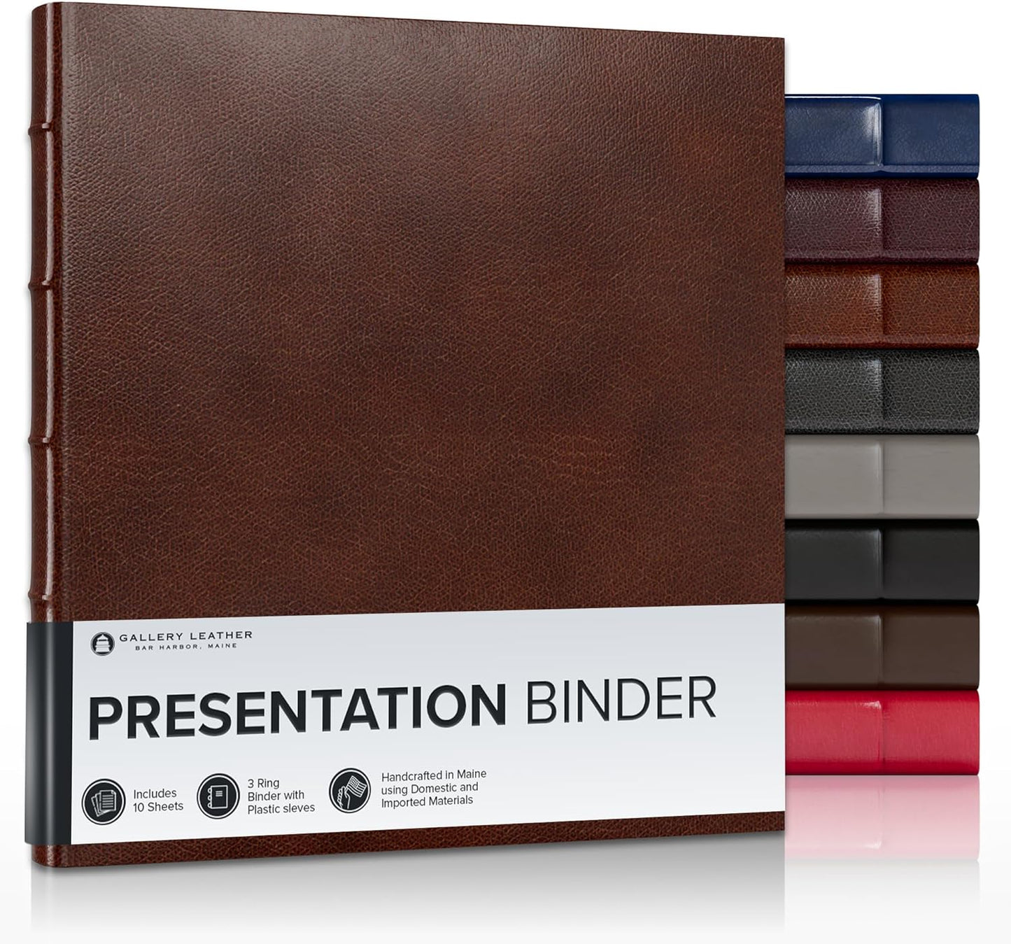 Gallery Leather 3 Ring Binder with Plastic Sleeves, Includes 10 Sheets, Sheet Size: 8.5" x 11" - Presentation Binder Rings with Hubbed Spine, Thick: 1.25" Belfast Brown