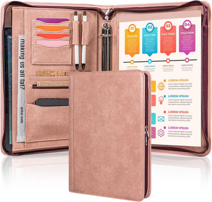 Calfinder Pink Portfolio Binder,3 Ring Binder with Zipper,PU Leather Padfolio with Zipper for Women, Professional Business Portfolio Organizer for Resume/Interview, A4 Letter Document Organizer