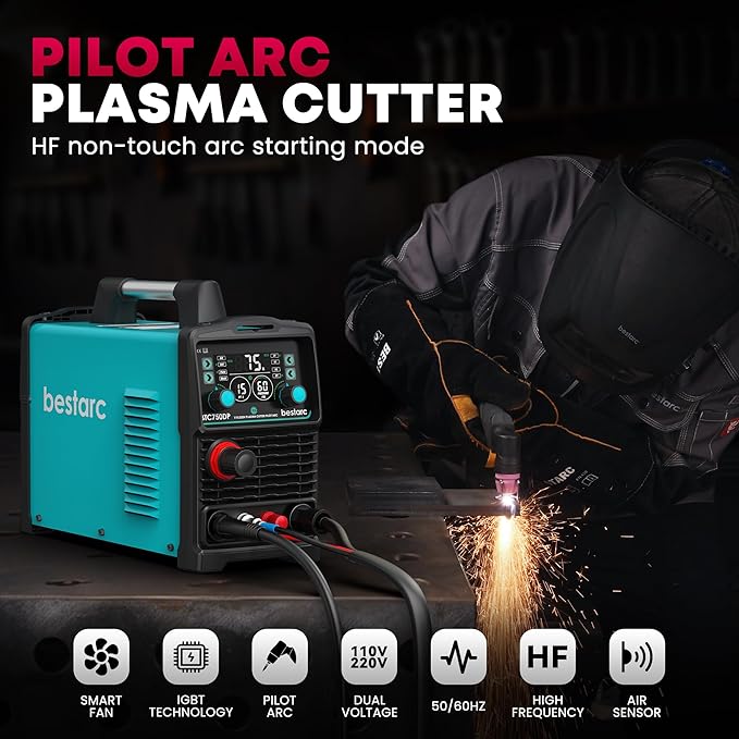 bestarc Plasma Cutter, [Pilot Arc][Large LED Display][Air Sensor] 75A bestarc Plasma Cutter Machine 110/220V Dual Voltage, 1/2 Inch Clean Cut 1.2 Inch Max Cut, Post Flow Mesh, 2T/4T for Beginners DIY