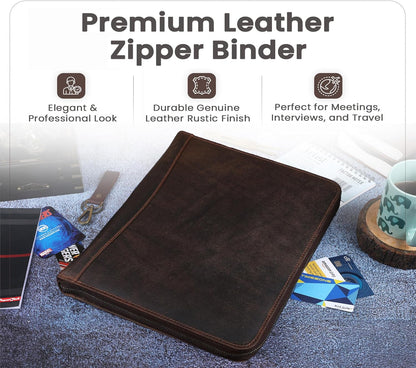 Premium Leather Portfolio Organizer with Zipper - Brown Business Padfolio with Card Slot, Document Holder, Pen Loops | Leather Padfolio with 3 Rings Binder Legal Pad Holder Podfolio for Men & Women