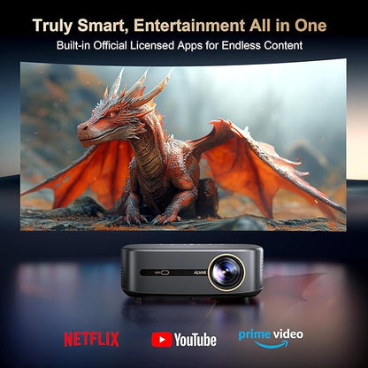 [2000 ANSI/4K Support/DoIby Audio & DBX-TV] Alvar Smart Projector with WiFi 6 and Bluetooth 5.3, 50W Speakers, NetfIix Certified Outdoor Movie Projector, Auto Focus & Keystone, Native 1080P, Black