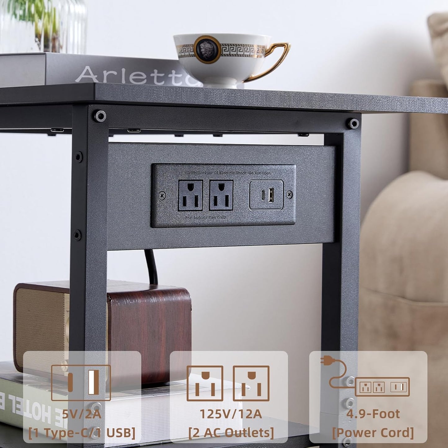 Lerliuo 3-Tier Printer Stand with Charging Station, Industrial Mobile Printer Table with Storage Shelf and Steel Frame, Rolling Printer Cart Holder with Lockable Wheels for Home, Office (Black)