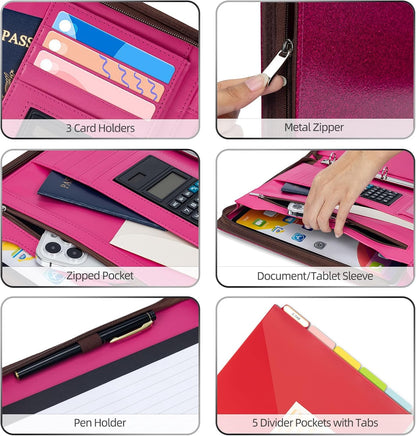 Ospelelf Zipper Clipboard with Storage, Leather Padfolio Portfolio Folder, 3 Ring Binder Dividers with Tabs, 12.1” Tablet Sleeve, Refillable Notepad, Card Slot (Rose Red)