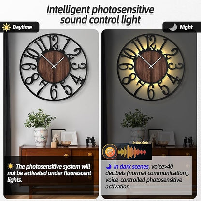 LEIKE Large Wall Clocks with Night Light Battery Operated,Silent Non Ticking,Rustic Modern Big Wood Clock for Living Room, Bedroom,Kitchen,Farmhouse,Office,Home Decor-32 Inch(Black-Arabic Number)