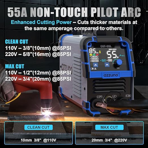 AZZUNO Plasma Cutter 55Amps, Non-Touch Pilot Arc, 110/220V Dual Voltage Large LED Display Plasma Cutting Machine, IGBT Inverter Air Sensor Technology, Max Cut 3/4" Plate/Mesh Cutting