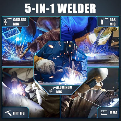 AZZUNO Aluminum MIG Welder 155Amp, Dual Vlotage 110V/220V 5-in-1 Welder Machine Gasless MIG/Gas MAG/Aluminum MIG/Stick/Lift TIG Welding, Multiprocess Welding Machine