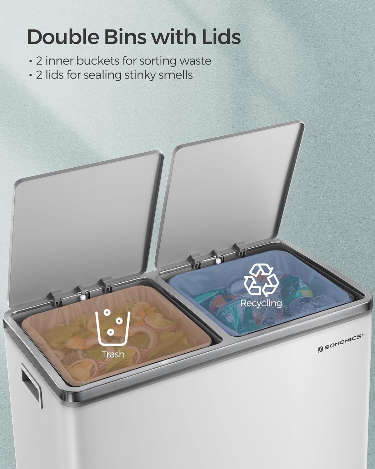 SONGMICS Trash Can, 2 x 8 Gallon (2 x 30 L) Garbage Can for Kitchen, with 15 Trash Bags, 2 Compartments, Plastic Inner Buckets and Hinged Lids, Airtight, White and Gray ULTB60WT