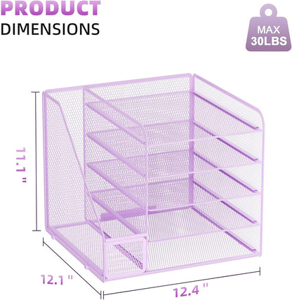 Marbrasse Desk Organizers and Accessories, 5-Tier Paper Letter Tray Organizer with File Holder, Mesh File Organizer, Office Desk Accessories & Organization for Supplies (Purple)
