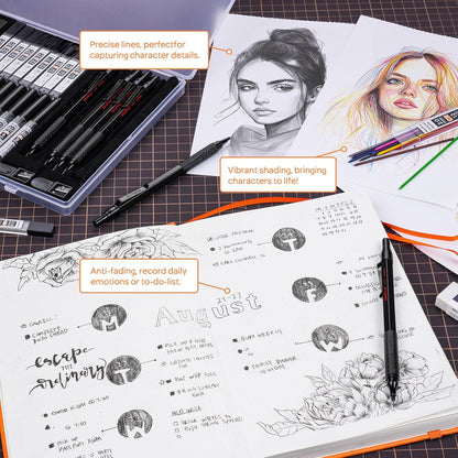 Nicpro 35PCS Black Metal Mechanical Pencils Set in Case, Art Drafting Pencil 0.5, 0.7, 0.9 mm & 3PCS 2mm Graphite Lead Holder for Drawing Sketching With 20 Tube Lead Refills(6B 4B 2B HB 2H 4H Colors)