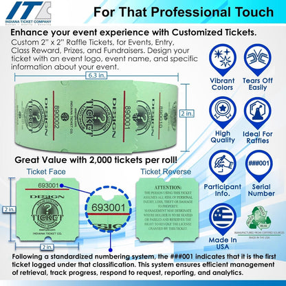Custom 2” x 2” Billboard Single Roll Ticket, Design Your Roll Tickets with Event Logos, Classroom Rewards, Fundraisers, Door Entry, Raffles, Prizes, Drink/Food Tickets, & More (8 Color Selection)