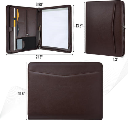 STYLIO Zipper Padfolio Portfolio Binder Organizer (Walnut Color) | Faux Leather Portfolio for Resume, Documents, Phone, Tablet, Business Supplies and Cards | Letter Sized Notepad Included | Brown