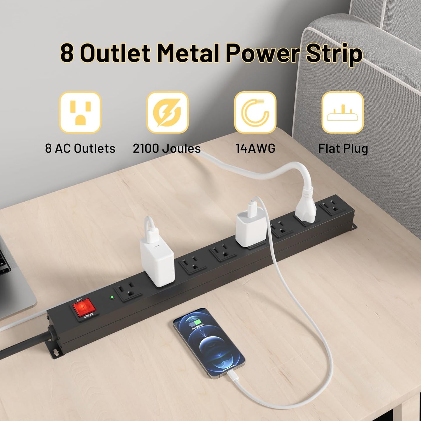 KF 8 Outlet Heavy Duty Power Strip Surge Protector, 2100J Surge Protection Metal Power Strip, 15A/1875W Mountable Power Strips with Upgraded Switch, 14AWG 6FT Extension Cord, Black