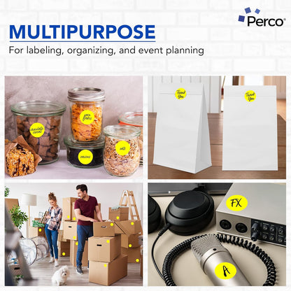 Perco Fluorescent Yellow 2-Inch Round Circle Dot Sticker Labels - Multi-Roll Pack (3 Rolls, 500 Labels Each) - Permanent Adhesive, Vibrant Colors, Strong Hold - Perforated for Easy Use - Made in USA