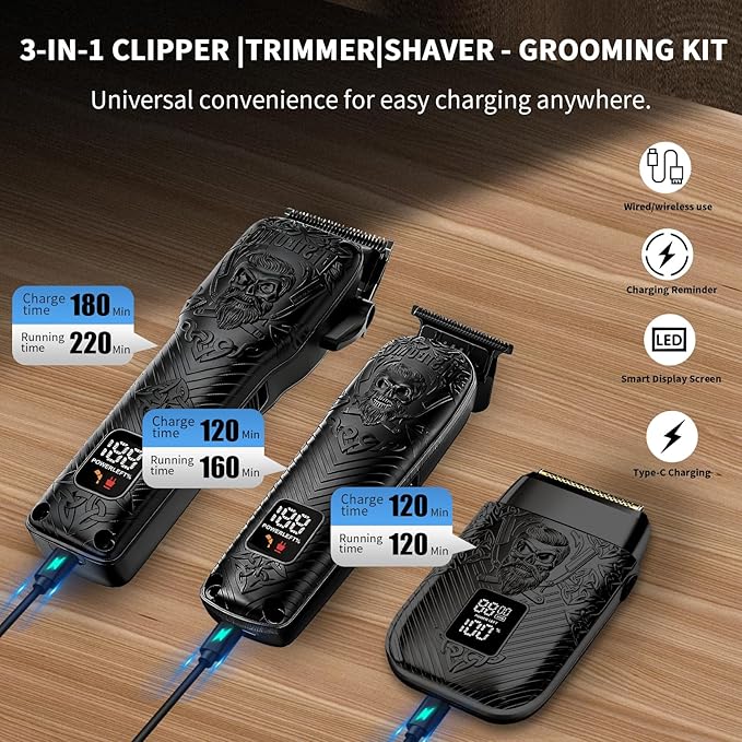 BESTBOMG Professional Cordless Mens Hair Clippers & Beard Trimmer and Electric Shavers Kits & Sets,Metal Hair Clippers Cutting Grooming Kit with Long Battery Life for Family Barber Use (Black)