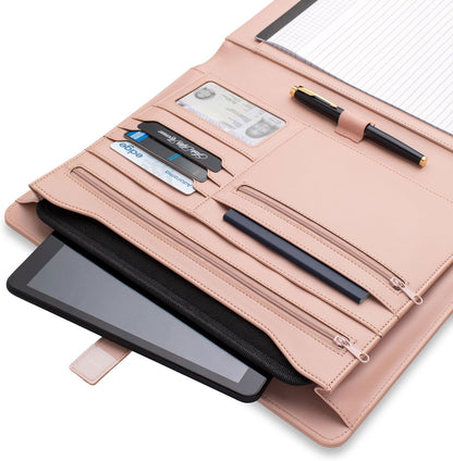 Padfolio Binder Organizer for Women | Faux Leather Portfolio Folder for Resume, Documents, Notebook, Tablet and Business Cards | Notepad Included - Pink with Gold Edge