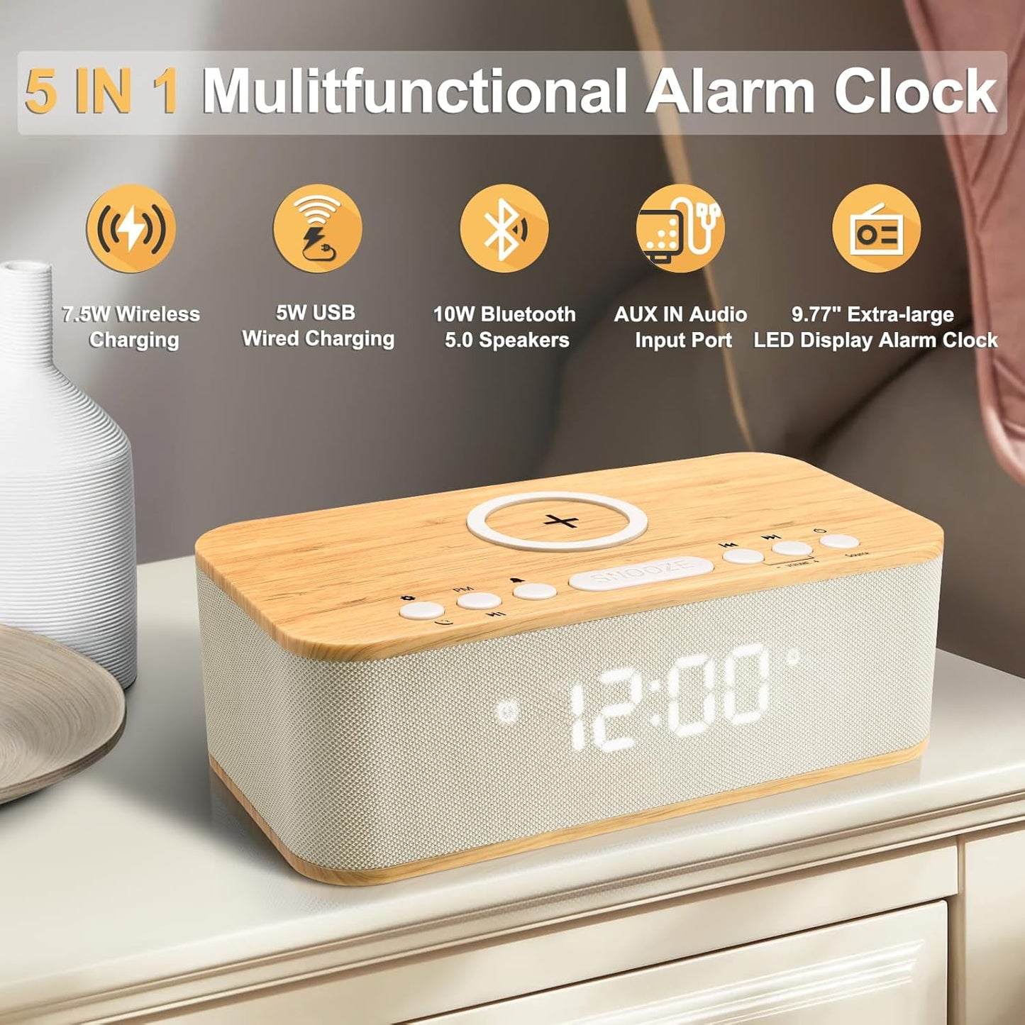 Alarm Clocks Large Snooze Button, Digital Clock USB Charger Port, Bluetooth Speaker Alarm Clock Bedroom AUX USB Bluetooth Speaker Wireless Charging 12/24H Dual Alarms Snooze Dimmer Sleep Timer, Yellow