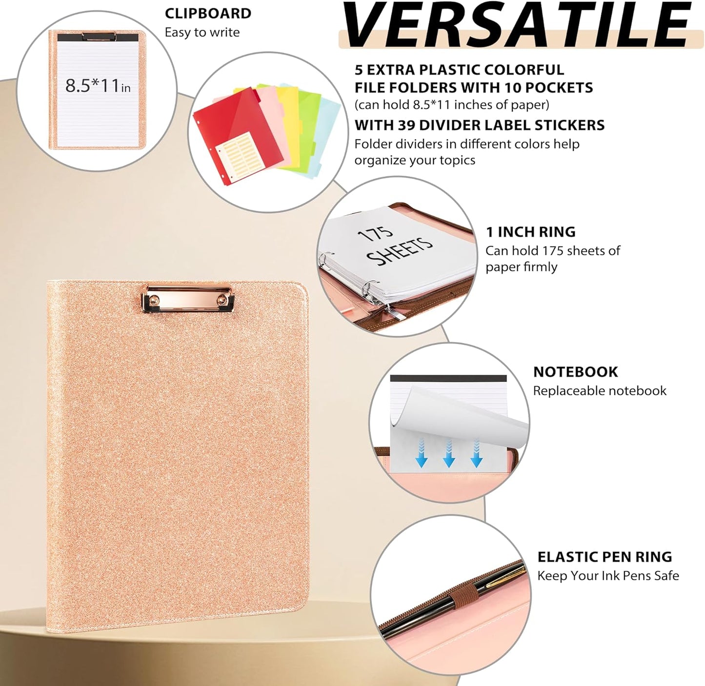 Leather Clipboard with Storage, Zippered Padfolio Portfolio Organizer, 3 Ring Binder 1 Inch, Notepad, Tablet Sleeve, 5 Dividers with Pocket, Stickets for Office, Nurses, Students, Teachers Rose Gold