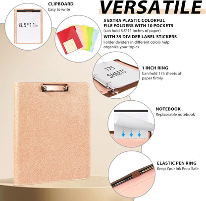 Leather Clipboard with Storage, Zippered Padfolio Portfolio Organizer, 3 Ring Binder 1 Inch, Notepad, Tablet Sleeve, 5 Dividers with Pocket, Stickets for Office, Nurses, Students, Teachers Rose Gold