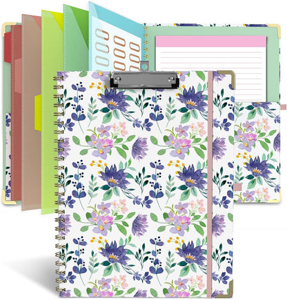 Foldable Clipboard Folio with Storage, 5 Plastic Folders with 10 Pockets,Refillable Lined Notepad (11" x 8.5"), Hardcover Project Organizer Nursing Teacher School Essentials(Purple Florals)