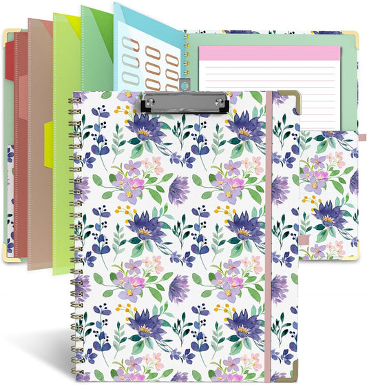 Foldable Clipboard Folio with Storage, 5 Plastic Folders with 10 Pockets,Refillable Lined Notepad (11" x 8.5"), Hardcover Project Organizer Nursing Teacher School Essentials(Purple Florals)