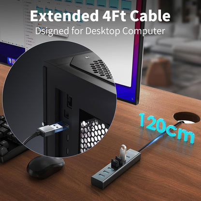 4Ft 7-Port USB 3.0 Hub for Desktop - Aluminium USB Extender Hub 5Gbps, USB Multiport Adapter, USB Splitter, USB Hub Long Cable for Desktop, PC, Flash Drive, Mobile HDD, Windows/XPS, 1.2m