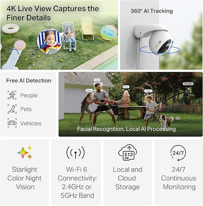 Tapo 4K 8MP Wired Pan/Tilt Outdoor Security Camera, Free Person/Vehicle Detect & 360° View, Color Night, Local AI, SD/Cloud Storage, Works w/Alexa & Google Home, 2.4 GHz WiFi C560WS